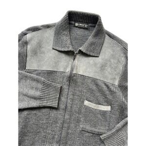 St Michael Mens Vintage Grey Full Zip Suede Trim‎ Cardigan Sweater UK 40 Large
